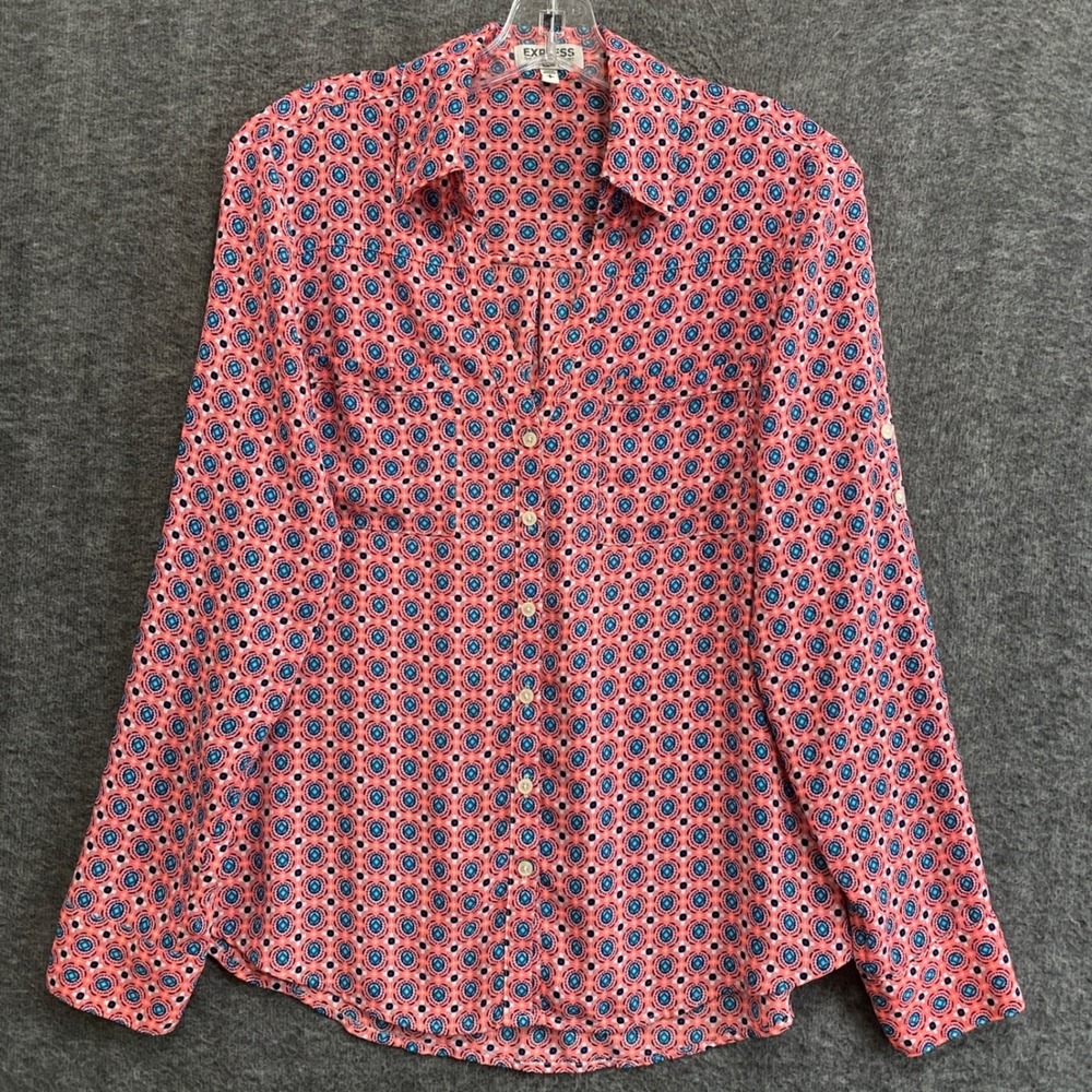 Express The Portofino Shirt Womens S Pink Blue Slim Fit Roll Tab Pockets Office